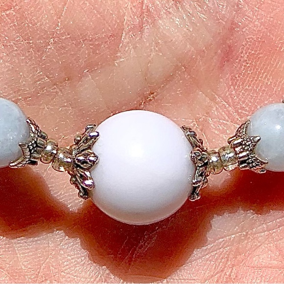 HAND CRAFTED Upcycled Blue White Silver Necklace earring set Feminine Delicate - Picture 12 of 14